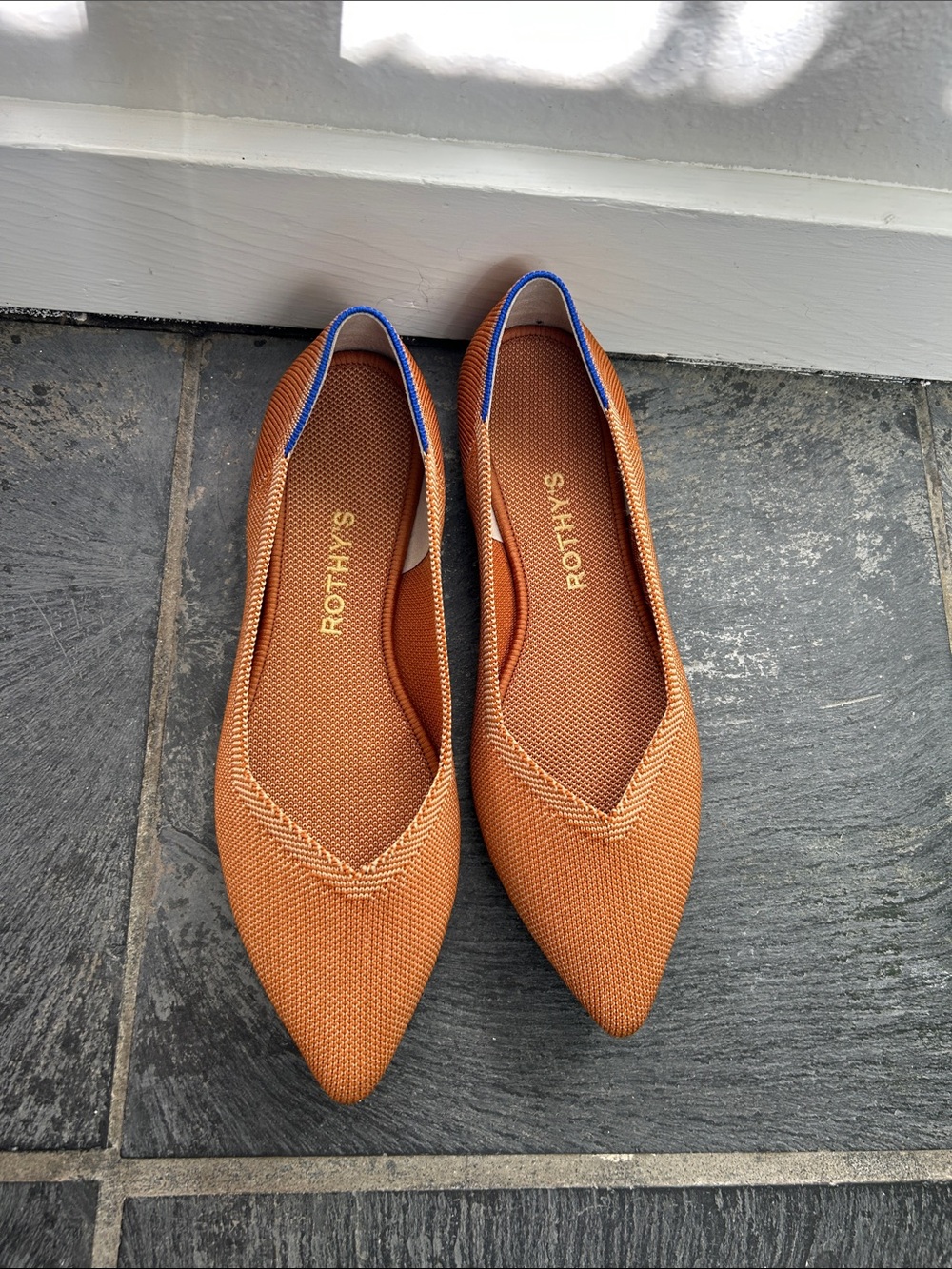 Rothy's Pointed Knit Ballet Flat in Tan Camel Brown with Blue Trim- 8
